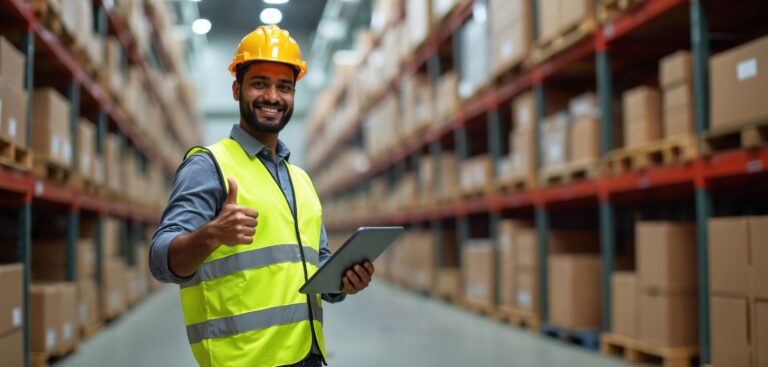 Indian warehouse manager gives thumbs up while holding tablet. Man in hard hat, vest in industrial setting. Modern tech, storage, logistic work. Warehouse worker, worker happy with the result